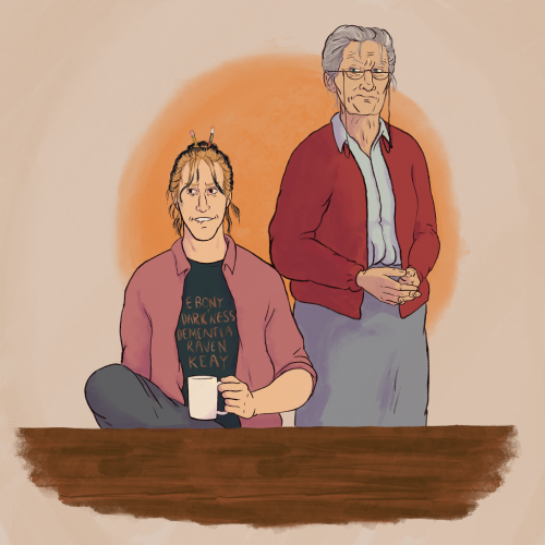 [ID: Digital Drawing Of Gerry And Gertrude From The Magnus Protocol. Gerry Is A Thin White Man With Grown-out