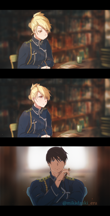 mikadziel:  I always think that Roy looks at Riza during work that’s why he can’t finish his work. At least that’s one reason.   °ω°  He stares a lot. At his beautiful lieutenant.And just thinks how lucky he is.   ´ ▽ ` )  