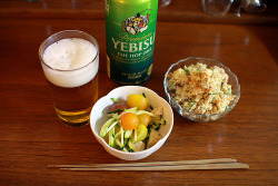 yummyinmytumbly:  dinner: yebisu beer, okara salad, &amp; chicken zucchini cherry tomato salad