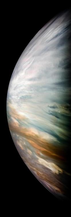 Jupiter’s Equator : Thick white clouds are present in this JunoCam image of Jupiter’s eq