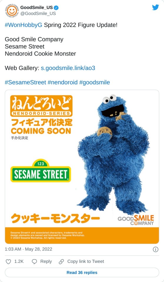 #WonHobbyG Spring 2022 Figure Update! Good Smile Company Sesame Street Nendoroid Cookie Monster Web Gallery: https://t.co/ui8D6vuers#SesameStreet #nendoroid #goodsmile pic.twitter.com/xrezTCYoHC — GoodSmile_US (@GoodSmile_US) May 28, 2022