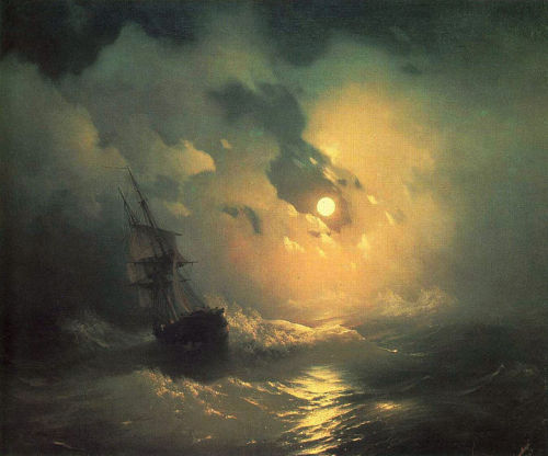 oldroze:   Russian painter Ivan Konstantinovich Aivazovsky (29 July 1817 – 2 May 1900)  Ship «Empress Maria» in storm 1892 American Shipping off the Rock of Gibraltar 1873 Rainbow 1873 Stormy sea at night 1849 