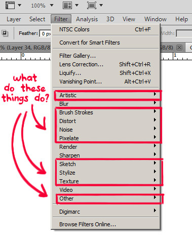 dou-hong:  Filters | Blend Modes | Want more Undos? | Deleting Brushes EasilyNot to be confused with Blend Modes, filters are additional tools that can help enhance your work in photoshop. The thing about filters is the sheer number of them, which can