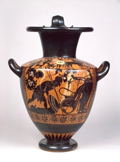 archaicwonder:  Achilles Drags Hector:  Black-Figure Hydria C. 510 BC Greek vase-painters often used subjects from Homer’s great epics the Iliad and the Odyssey in their work. On this hydria - a vessel with three handles for carrying water - the Attic