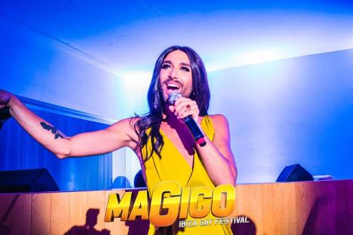 August 21, 2015Conchita at the Mágico Festival Ibiza in a dress from Portuguese designer Luis Carval