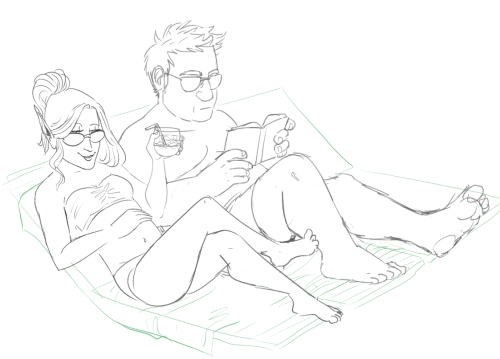 tazdelightful: [ID: An incomplete sketch of Lup and Barry sitting back on pool chairs. Lup is an elf