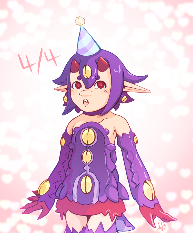 Desco from Disgaea 4. She is a small, purple-haired toddler with monstrous appendages, multiple eyes all over her arms, head, and torso, and a pair of 'dominant' red eyes on her face. Her mouth is open in surprise, revealing pointed teeth. She's wearing a blue and purple party hat.