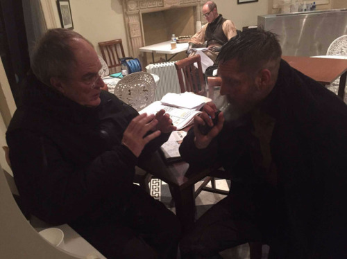 tomhardydotorg:Taboo-Bts Father and Son Script Conference.Photobomb Michael Kelly ***Reminder: For U