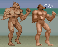 scrollboss:  Here’s my recreation of the werewolf sprite from Sega’s Altered Beast. He’s mostly one color, so I just colored the lines with layers, drew some simple, flat shading, masked it for the outline, applied the palette I made for the old