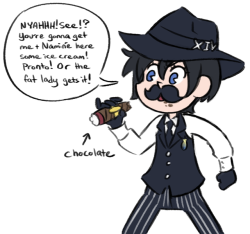 arinky-dink: Some mobster AU things from Twitter.  Xion says things she doesn’t understand and wears a fake, bushy mustache to assert her dominance within the gang. She also enjoys talking to Namine, who has been kidnapped and held for ransom.  
