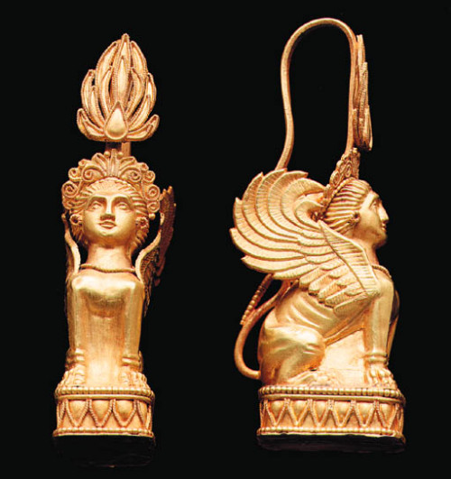 Greek Gold Sphinx Earrings, 4th Century BCOriginally an Egyptian mythological creature, the sphinx w