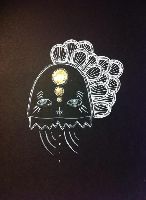 working on some illustrative pieces for the exhibition.imitation gold leaf, ink.