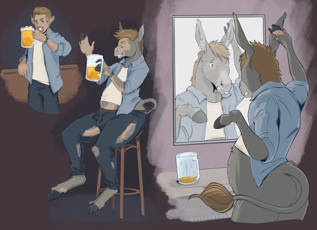 Three part TF drawing featuring a man becoming a donkey. In the first image he is wearing a blue button down over a white tshirt and jeans, standing at a bar holding a mostly full glass beer stein with a smug expression, his ears beginning to grow. In the second image, he is about halfway to donkey. His face has grown into a snout, his ears grown, his hands and feet are becoming hooves, a small tail pops out of his pants, fur grows in patches on his skin, and he is gaining mass and outgrowing his stretched and ripped clothing- his furry belly peeking out from his shirt. In the last image he stands in front of a mirror with a worried expression. He is mostly donkey now, a donkey face reflected back at him holding one ear with a hand that is rapidly becoming hoof. His shirt is too small for his donkey belly and his pants and underwear are gone completely. A fully grown tail points to the mostly empty beer stein on the counter, only a few sips remain…