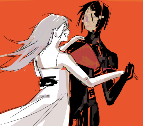 An art of Ariane Yeoung and Elster from the game Signalis. The background is bright red. They are dancing, Elster is holding Ariane's hand, while Ariane is holding Elster's arm. Ariane has a happy expression. Elster's face is distorted with glitches and does not have facial features. Elster's figure is more distorted and messy than Ariane's.