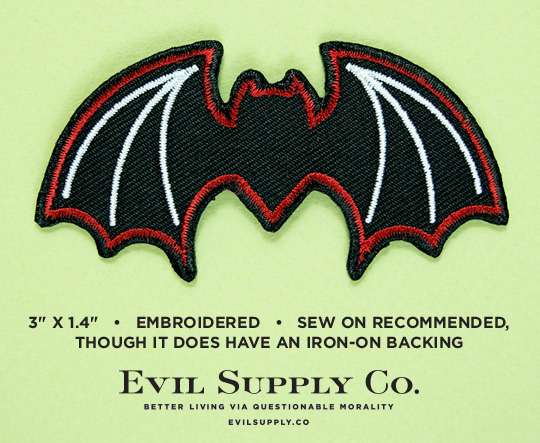 evilsupplyco:  Bat Icon patch ($3.75) A simple bat icon patch for jackets and bags.