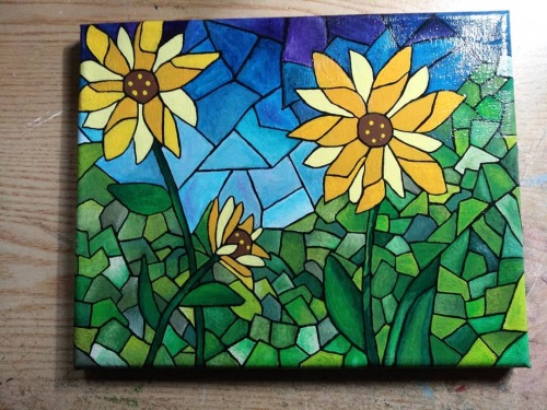 Mosaic sunflowers finished. I&rsquo;m pleased with the results. #paintingforsanity #mosaicart ht