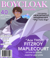 moschicane:axiliern:this man looks very pretty in purple!!!! [image description: a boycloak magazine cover. fitzroy, a brown-skinned half elf with square half glasses poses in a flowing cloak with the asexual flag on it, his familiar snippers wearing