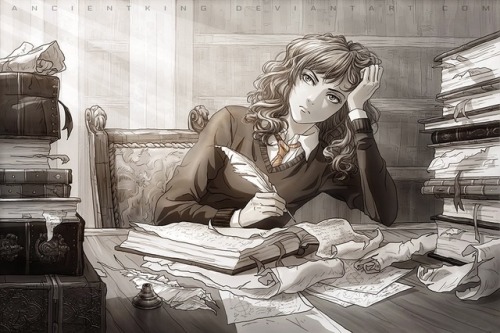 In the library again It is a warm sunny day outdoors and Hermione is sitting alone with her boo