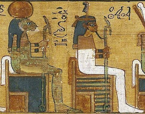 amntenofre:the Goddess Tefnut (at left, lioness-headed, wearing the Solar disk) and the God Shu (at 