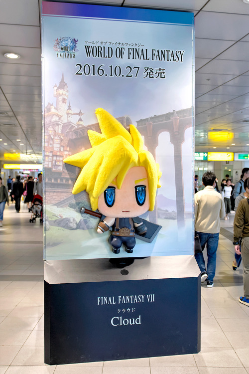 tokyo-fashion:Big plush Final Fantasy dolls attached to billboards inside of Shibuya Station in Toky