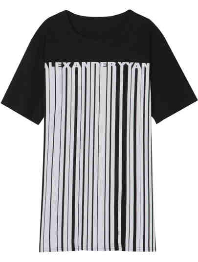 bloused: Beauty Print T-Shirt Vertical Striped Loose T-Shirt Short Sleeve Striped Split T-Shirt