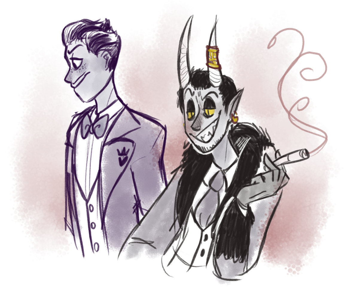 SOOOO I made these designs about this AU, the one who changes the roles of King  Dice and The Devil with Mugman and Cuphead respectively. Idk who is the  owner of the