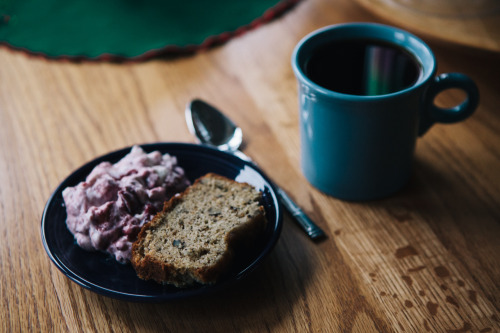 sethlowephoto:  {Farm} Breakfast # 326- Raspberry yogurt, banana bread, and coffee.   -Seth 