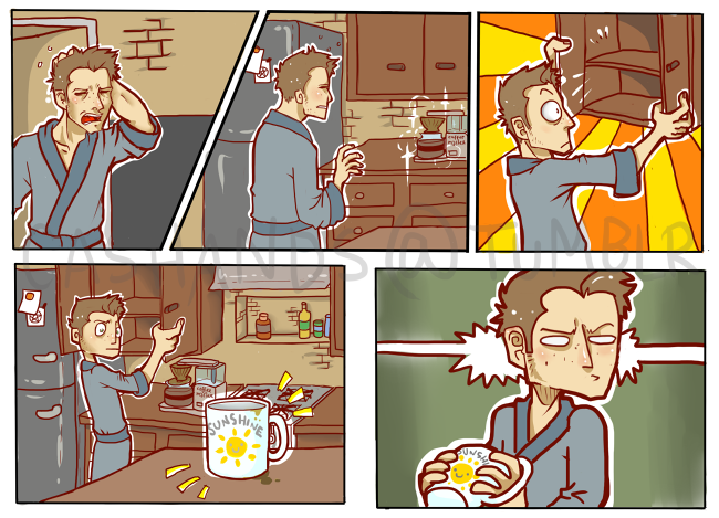 cashands:  Life in the bunker~ …Oh Cas, don’t start on that habbit~ 