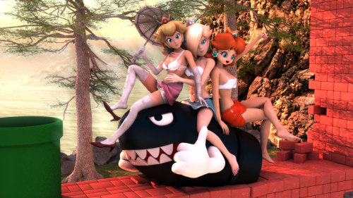 darklordiiid:    Here we have the lovely ladies from the Mushroom Kingdom showing their stuff on top of a (incredibly happy) Banzai Bill. This has to be one of the single most frustrating pictures I’ve ever done. For starters the render for all four