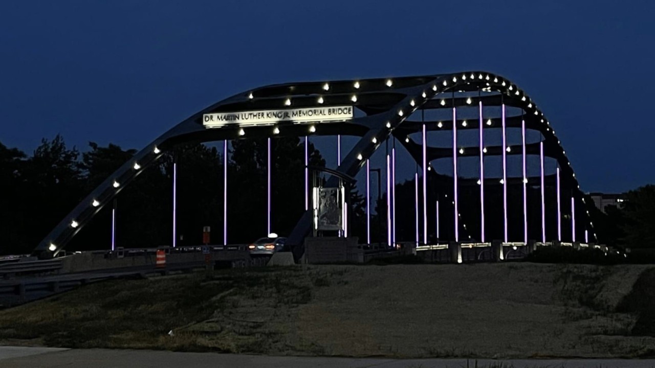 The Dr. Martin Luther King Jr. bridge in Fort Wayne is lit in purple for Alzheimer's Awareness