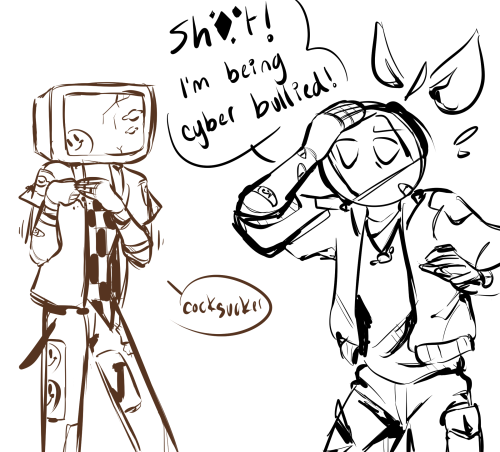 Recent sketches of my TV-head oc Vinnie-and my friend’s lemon-head character Ilis @satuen-ikeavoid(S