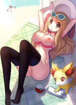 pokemaster64:  Fennekin and sexy alluring trainer. LOL, I just noticed this that the main girl character from  pokemon black 2 is running in the background. LOLOLOLOL!!!