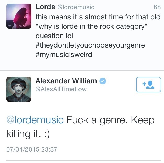 white-teeth-tom:  Lorde and Alex Gaskarth from ‘All Time Low’ on Twitter.