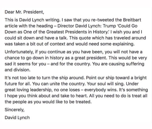 lynchgirl90: From @DAVID_LYNCH to @realDonaldTrump Dear Mr. President…