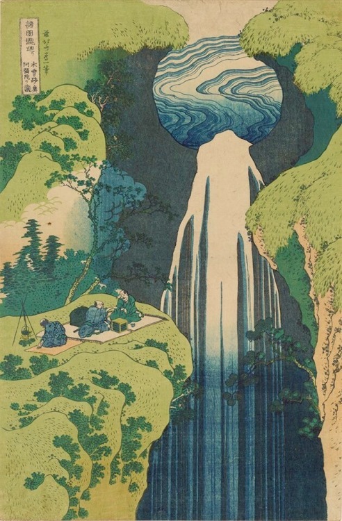 Yoshitsune, Amida &amp; Kirifuri Waterfalls, by Hokusai (葛飾北斎)