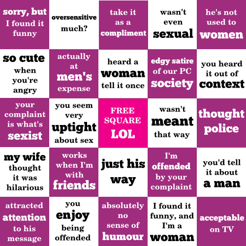 “Excuse for sexist jokes” bingo card (More feminist bingo cards here)THE PROFEMINIST GUIDE TO PROPER