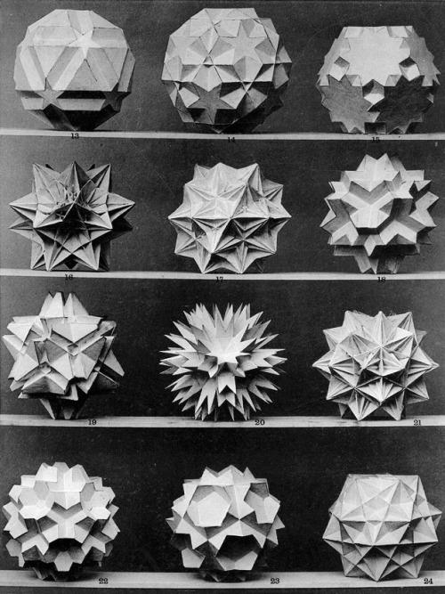 homo-online:  Max Brückner, from his book Vielecke und Vielfläche, 1900. Leipzig, Germany. Via Bulatov. Brückner extended the stellation theory beyond regular forms, and identified ten stellations of the icosahedron, including the complete stellation.