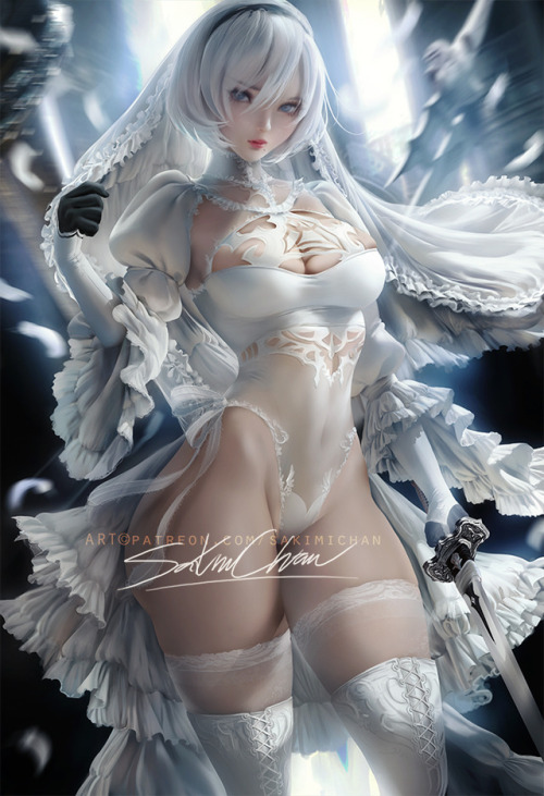 sakimichan:Wanted to paint 2B in white garment with some inspiration from Victorian  ruffle and lace