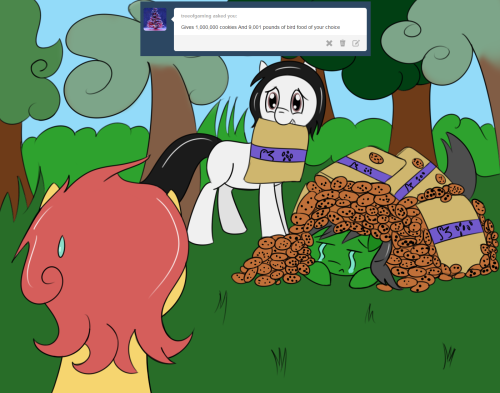 ask-humming-way:  You cannot be serious..! Where did you even get that much food?! Featured: treeofgaming (Seriously, you were a pony before you turned into a tree!) ((Pan Pare is now open for questions! If you’re sending an ask, please indicate which