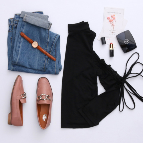 Black Lace-up cold shoulder top and jeans.  More like this