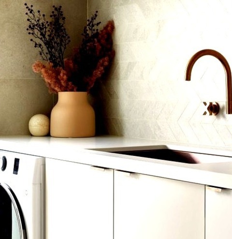 Laundry In MelbourneImage Of A Dedicated Laundry Room With A Beige Floor, Gray Cabinets, Quartz Countertops,