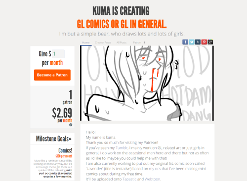 kumafeels:  So I made a Patreon!Would be great if you could support me! Even a dollar’s fine! ヾ(*´∀｀