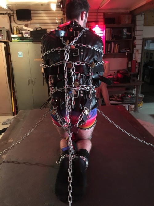 seabondagesadist:  Begin with a really cute boy in really cute rainbow underwear, add a straightjacket and as many chains and locks as you can get your hands on. This is a recipe for a really hot heavy bondage moment… 😈😈😈  Special thanks Jockbound