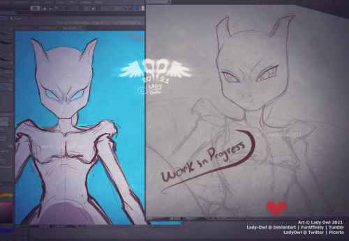 An angry sketch warmup Mewtwo on the left, and a seductive line art WIP M2 on the right. >_>;T