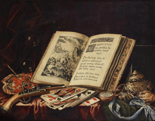laclefdescoeurs:A still life of an open book, bubbles, coral, a flintlock pistol, playing cards, a p