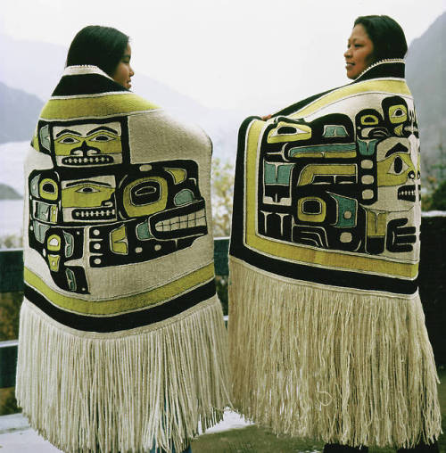 Anna Brown Ehlers (right) and her art, made using Chilkat weaving techniques. Ehlers is Tlingit, bor