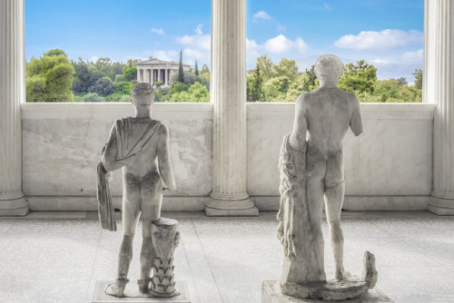 The Stoa of Attalos, Agora of Athens, Greece. These two male statues were excavated in the archaeolo