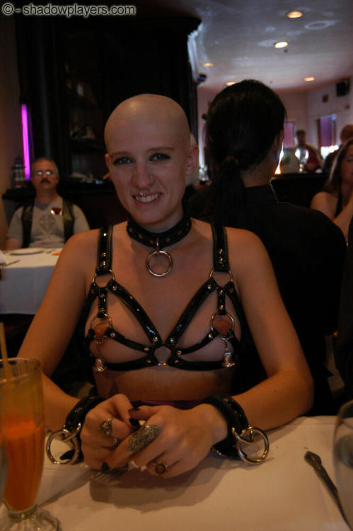 bigbuell: bondage-ponygirls-and-more: Bald Naked (mostly) slave girl in public restaurant (Ivy Brea