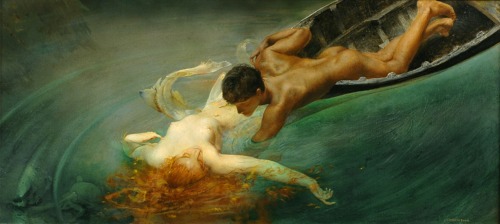Sirena or Abisso Verde.c.1900.Oil on Canvas.135 x 59 cm (53.14 x 23.22 in.)Art by Giulio Aristide Sa