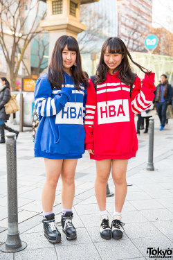 tokyo-fashion:  Harajuku high school girls Misaki and Serika in matching Hood By Air hoodies, Adidas and Pokemon backpacks, and platform sneakers. Full Looks